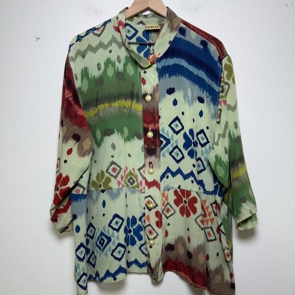 Uru Tops - URU Women 100% SILK Button Down Top XL Ikat Abstract Patchwork Artsy Lagenlook